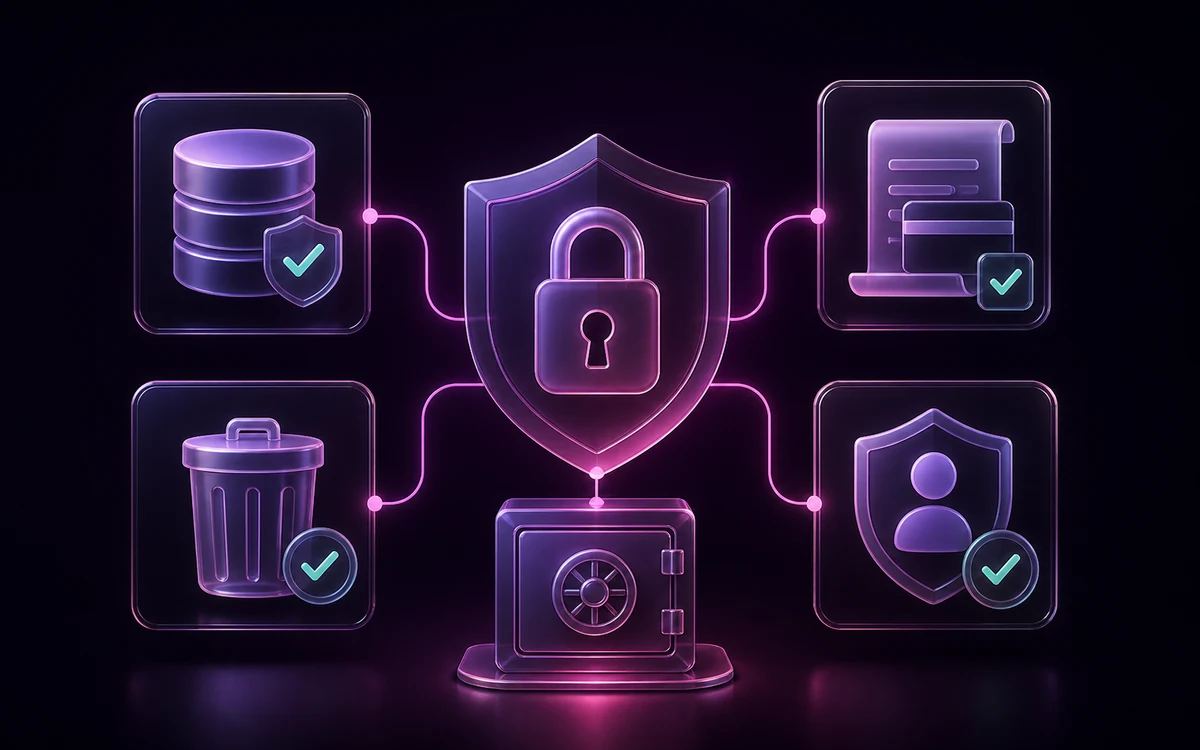 Privacy illustration Privacy shield connecting secure data, billing review, account deletion, and identity protection controls